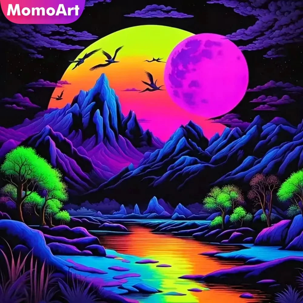 Momoart Diamantmalerei Berglandschaft Diamantstickerei Fluss DIY Kreuzstich-Set Mosaik Mond Heim Schlafzimmer Wandkunst