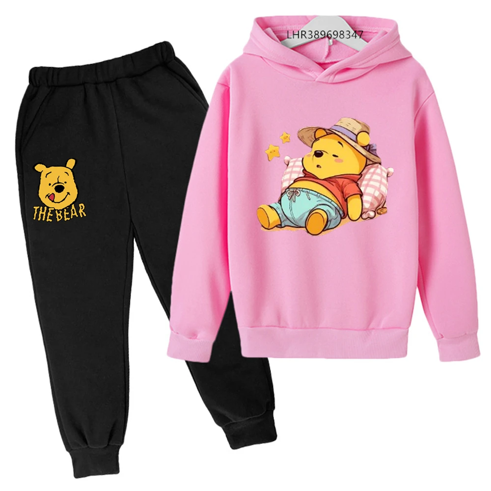 Autumn Winter Winnie the Pooh Children Clothing age 3-12 Boys Girls coat Children Hoodie+Pants set black print Sweatshirt