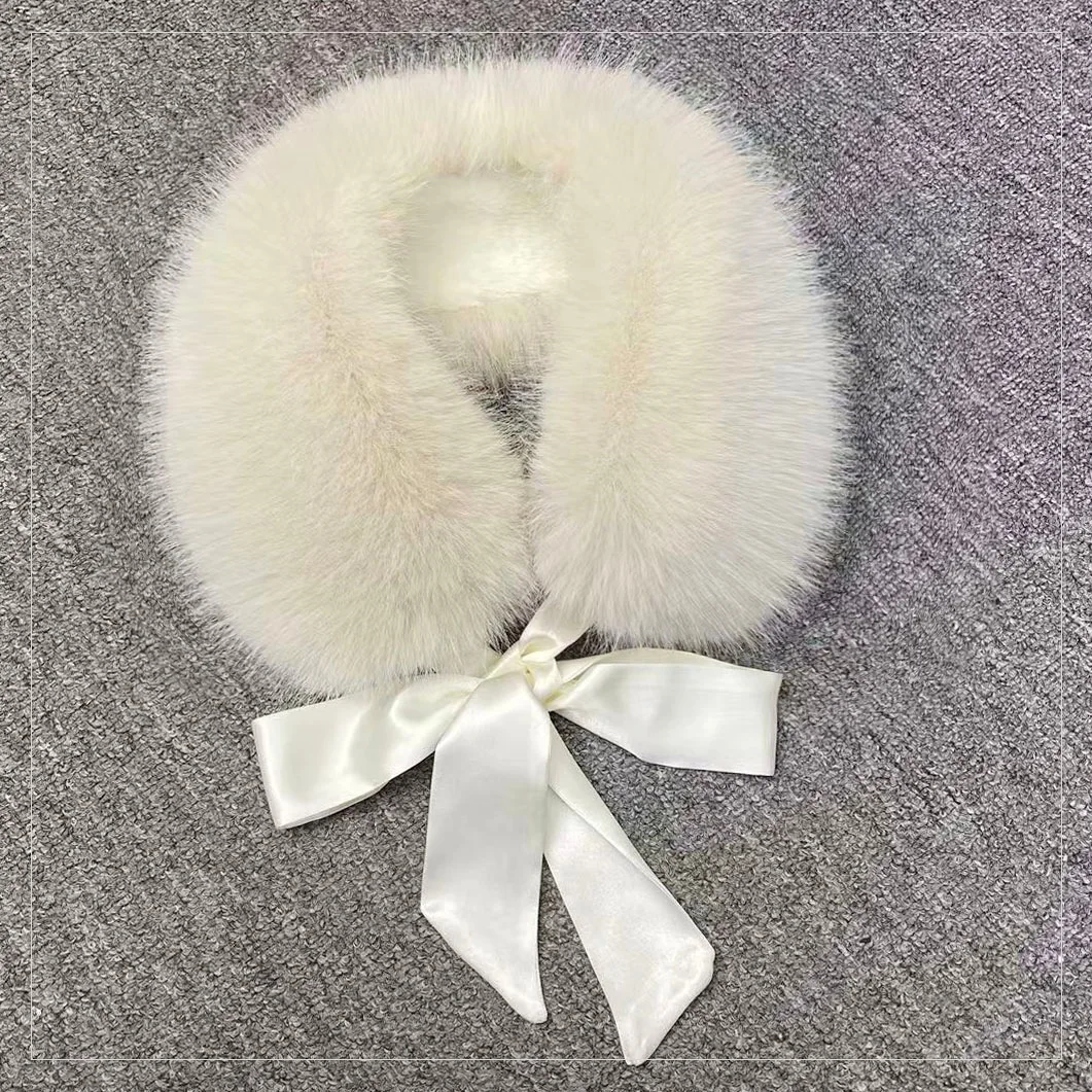 Fluffy Faux Fur Headband Neckerchief 2 in 1 Winter Thermal Plush Ear Warmer Collar Scarf  Satin Ribbon Bow Women Hair Band