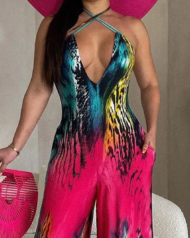 

Sexy New Fashion Jumpsuit Women 2023 Summer Casual Elegant Sleeveless Tie Dye Print Pocket Design Wide Leg Jumpsuit Vacation