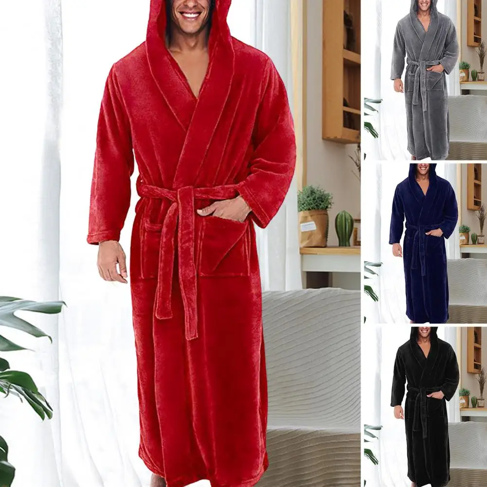 Fleece Nightgown Ankle Length Men Bathrobe Waist Lace-up Winter Warm Hooded Long Fleece Home Gown Sleepwear Anti-freeze