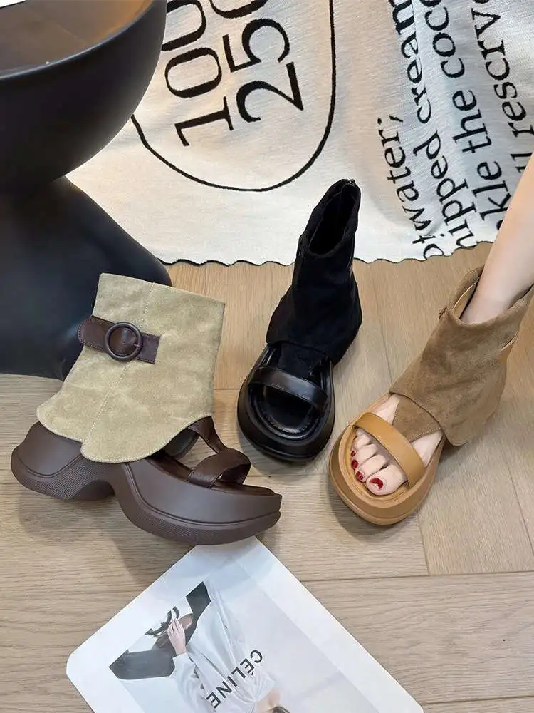 

Women's Thick Heel Sandals Summer New Style Short Tube Booties Retro Versatile Small Size Roman Sandals Korean Version High Top