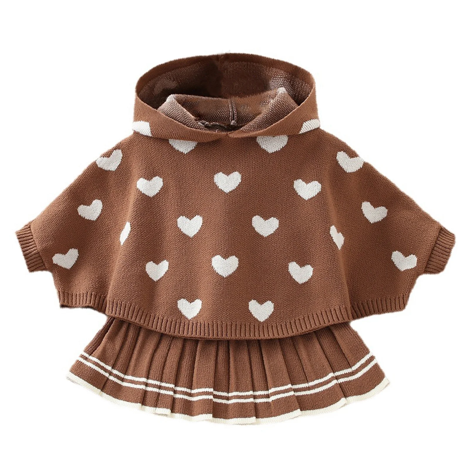 

Infant Baby Girls Knitted Dolman Sleeve Heart Shaped Pattern Hooded Cape Coat Tops with Skirt Outfit Fall Winter Clothes Set