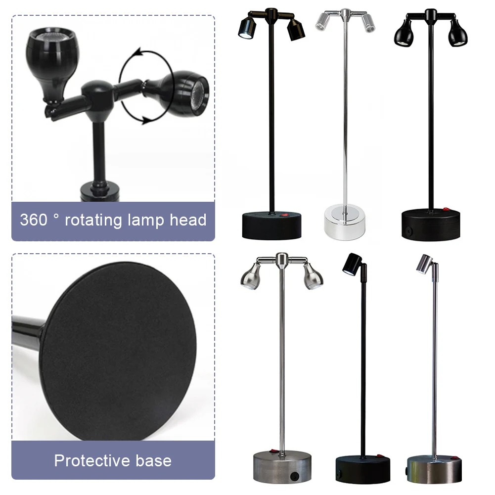 

Светодиодная металлическая настольная лампа с одной двойной головкой, вращающаяся на 360° головка, высокий столб, прожекторы, перезаряжаемые через USB, водонепроницаемые для декора комнаты в баре, пабе