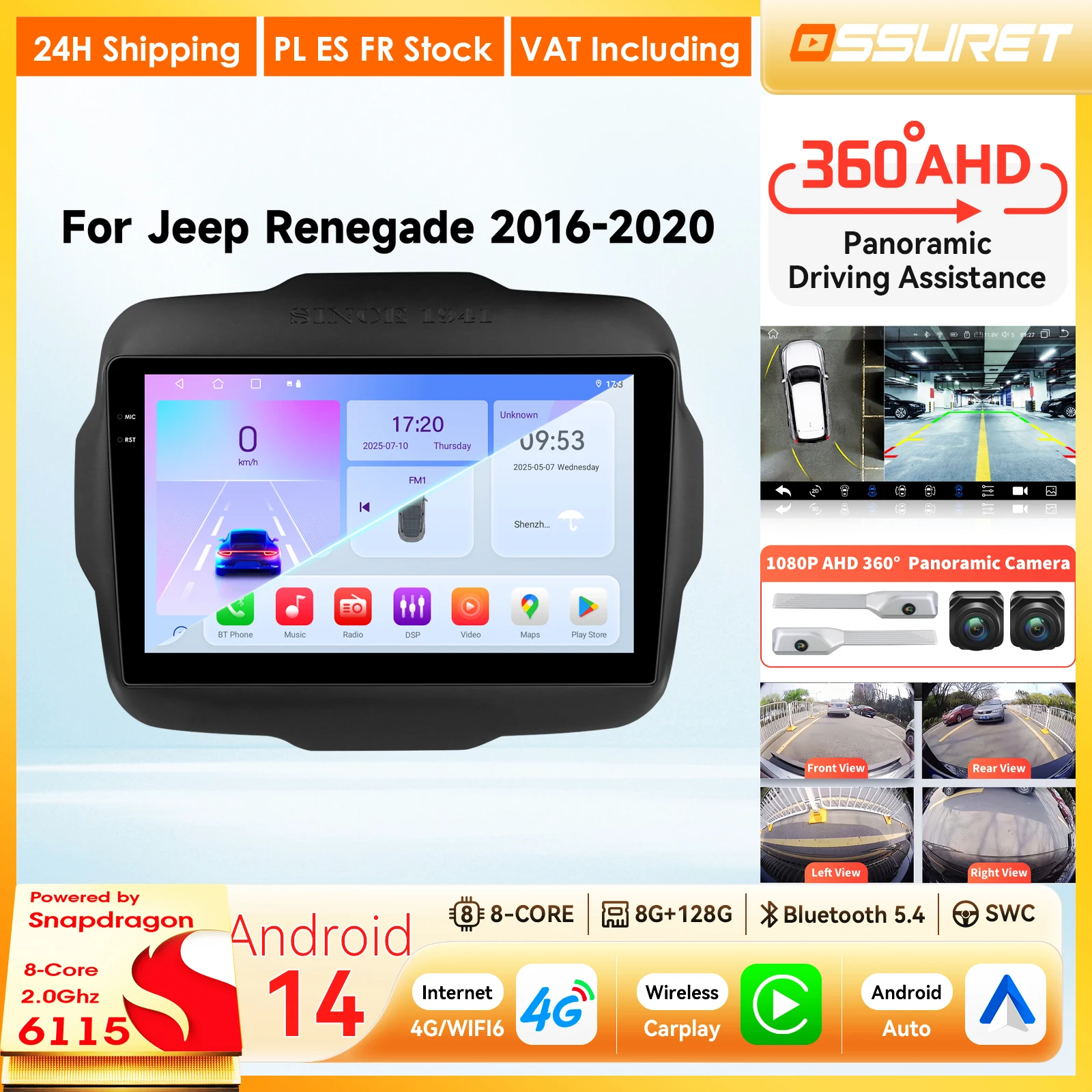 Autoradio Android 14 per Jeep Renegade 2016-2020 con CarPlay, sistemi intelligenti, lettore multimediale, telecamera 360, 4G, Wi-Fi, Bluetooth e schermo