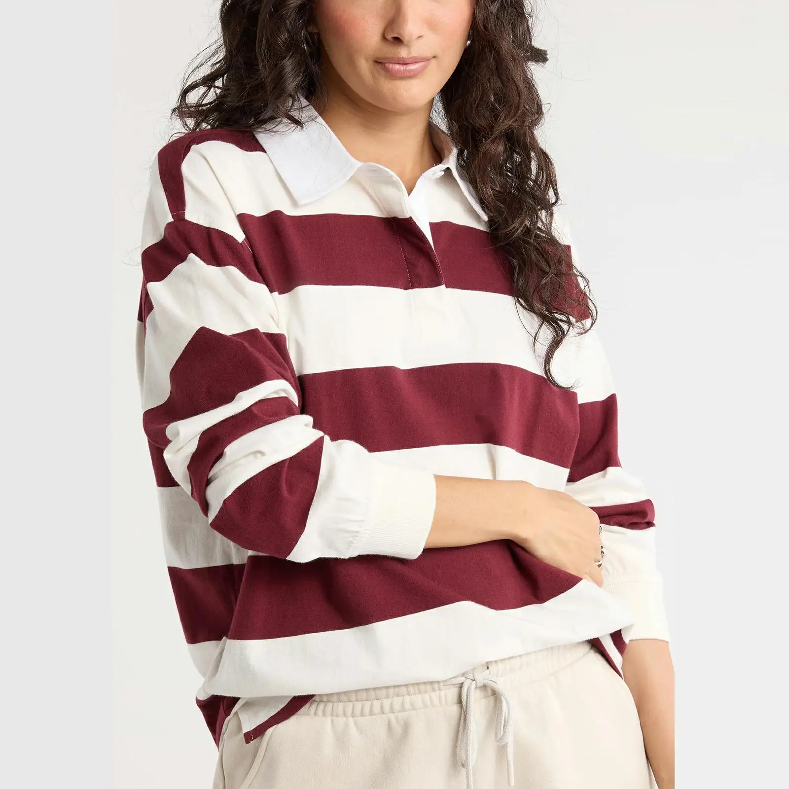 Combhasaki النساء Y2k مخطط المتضخم قمصان الرجبي في سن المراهقة الفتيات خمر بولو البلوز كم طويل زر تي شيرت غير رسمي بلايز