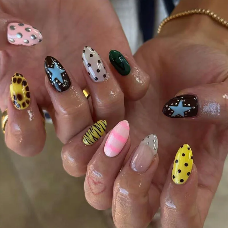 

24Pcs Colorful Polka Dot Y2k Fake Nails Press on Mid-length Almond False Nails Star Stripe French Reusable Full Cover Nails Tips