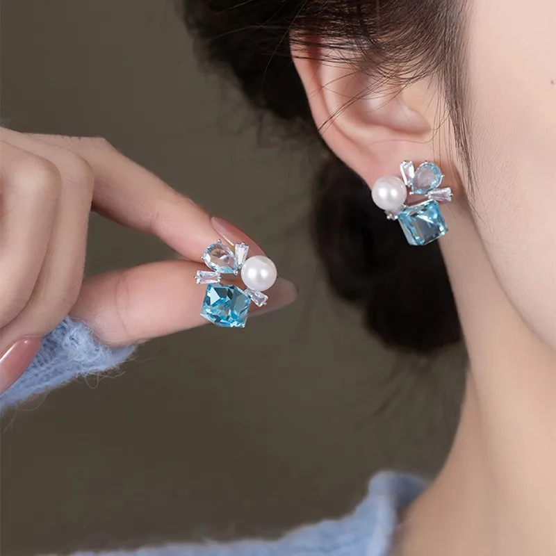 رائعة الأزرق حجر الراين وأقراط للنساء الطازجة تنوعا تقليد اللؤلؤ القرط الفاخرة الراقية مصمم المجوهرات C1