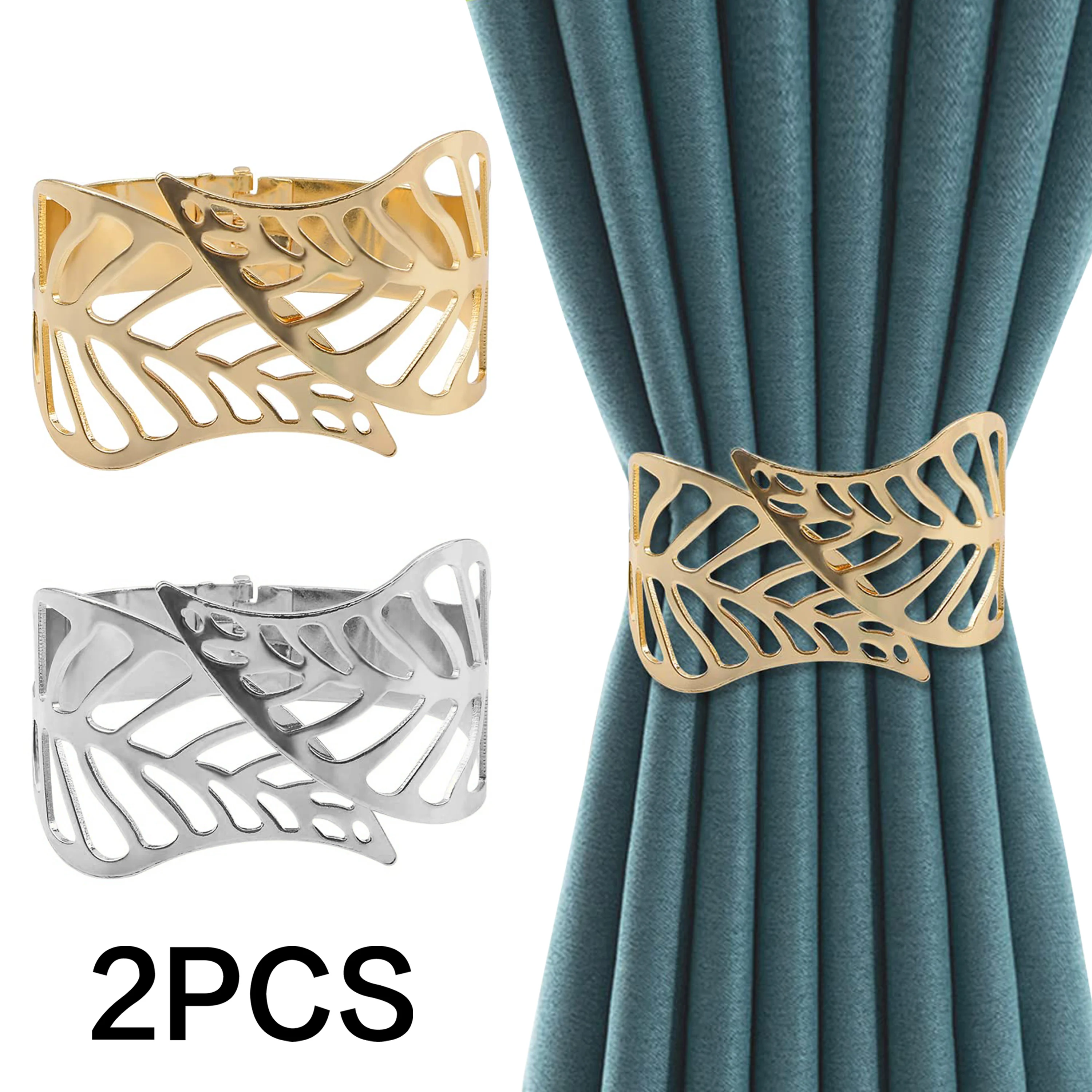 2pcs Modern Minimalist Metal Material Gold/Silver Leaf Pattern Spring Curtain Tiebacks,For Bedroom, Living Room Curtains