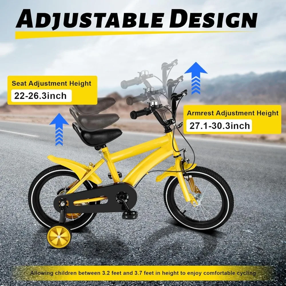 

Kids Bike 14 Inch Kids Bicycle High Carbon Steel Frame with Removable Training Wheels Double Brake Bicycle Seat