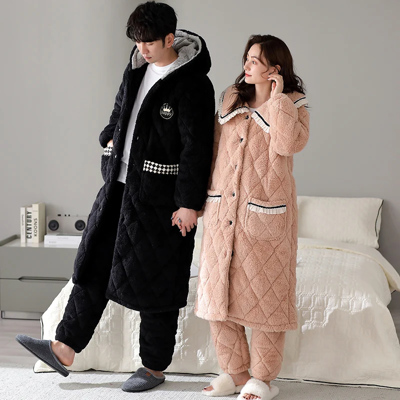 Couple Thick 3 Layer Cotton Bathrobe+Pants Men Women Winter Warm Kimono Bath Robe Male Solid Robes