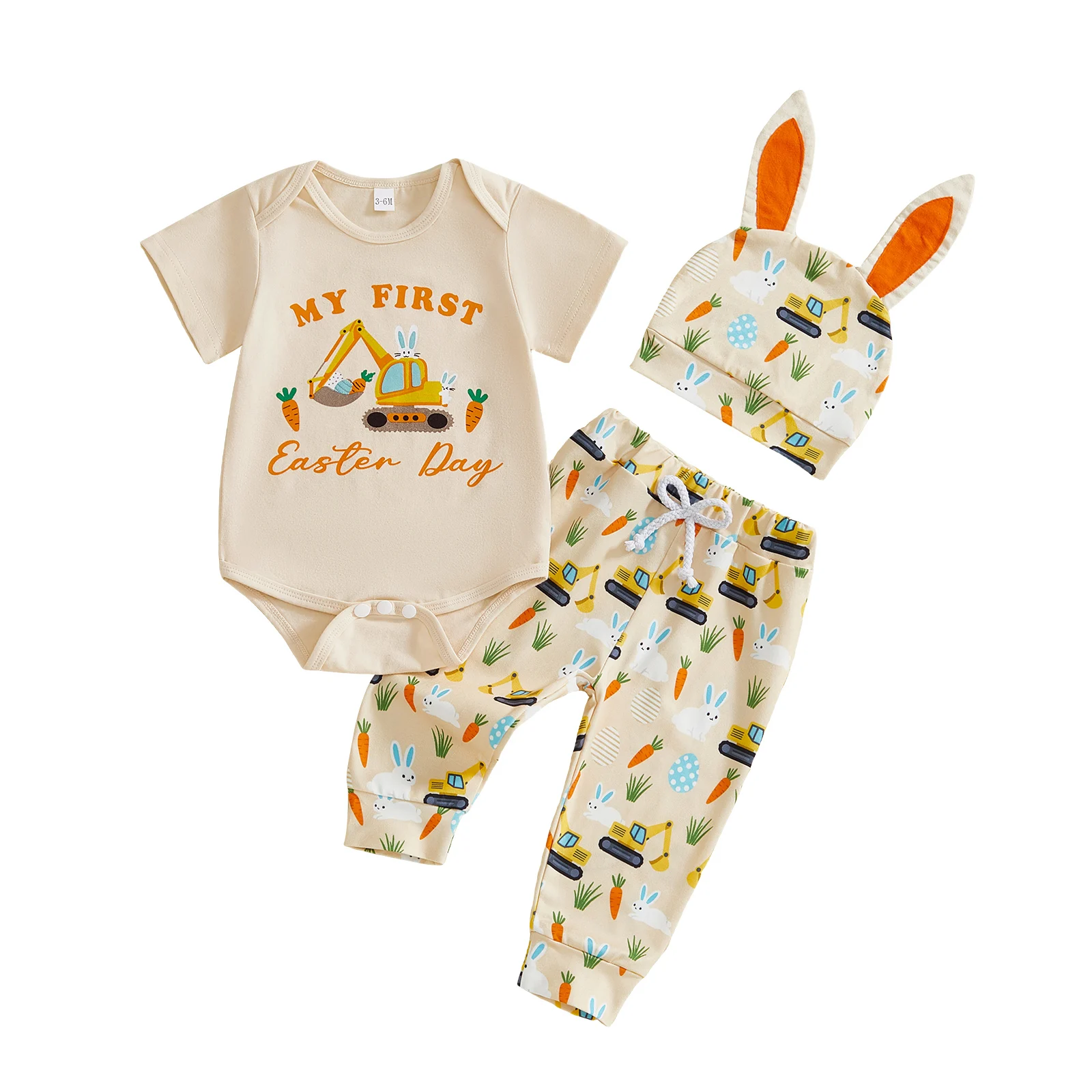 Baby Boy Easter Outfit Excavator Bunny Carrot Short Sleeve Romper Pants and Ears Hat 3 Piece Spring Set