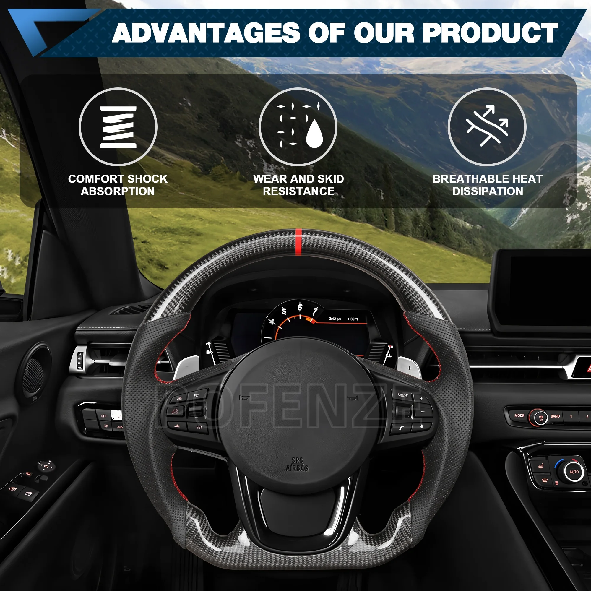 คาร์บอนไฟเบอร์พวงมาลัยสําหรับ Toyota GR Supra 2019-2022 D-รูป Nappa Perforated หนังแบนด้านล่างที่กําหนดเองพวงมาลัย