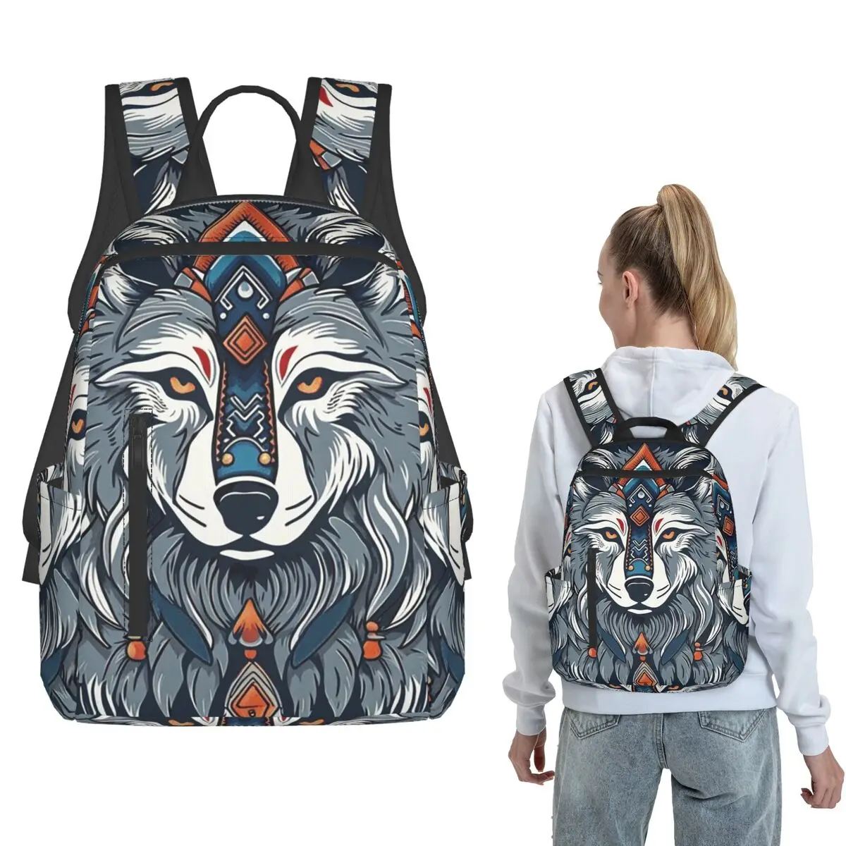 

Dreamy Ethnic Style Wolf Backpack Large Capacity Children BookBag School Bag Shoulder Bags for Men Women