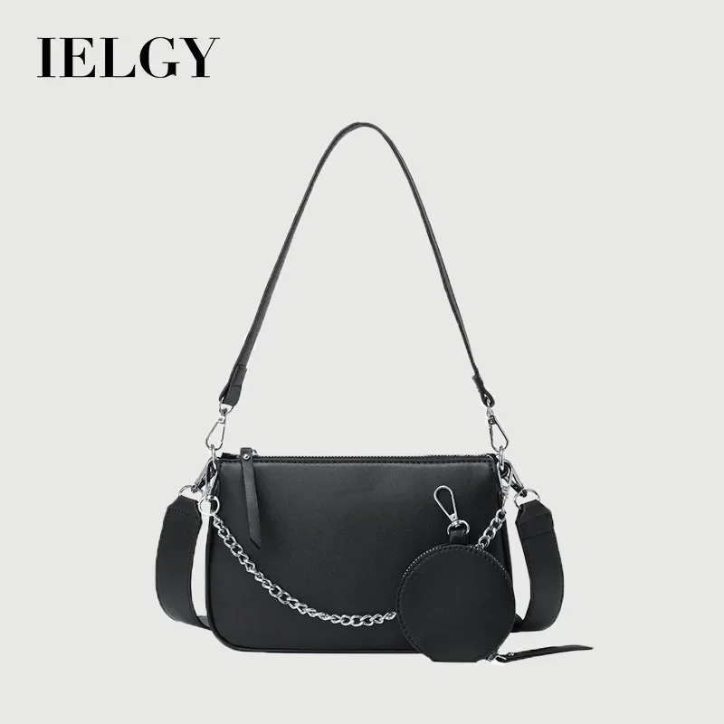 IELGY Retro Black Chain Broadband Zipper All-match Women\'s bag One shoulder Crossbody