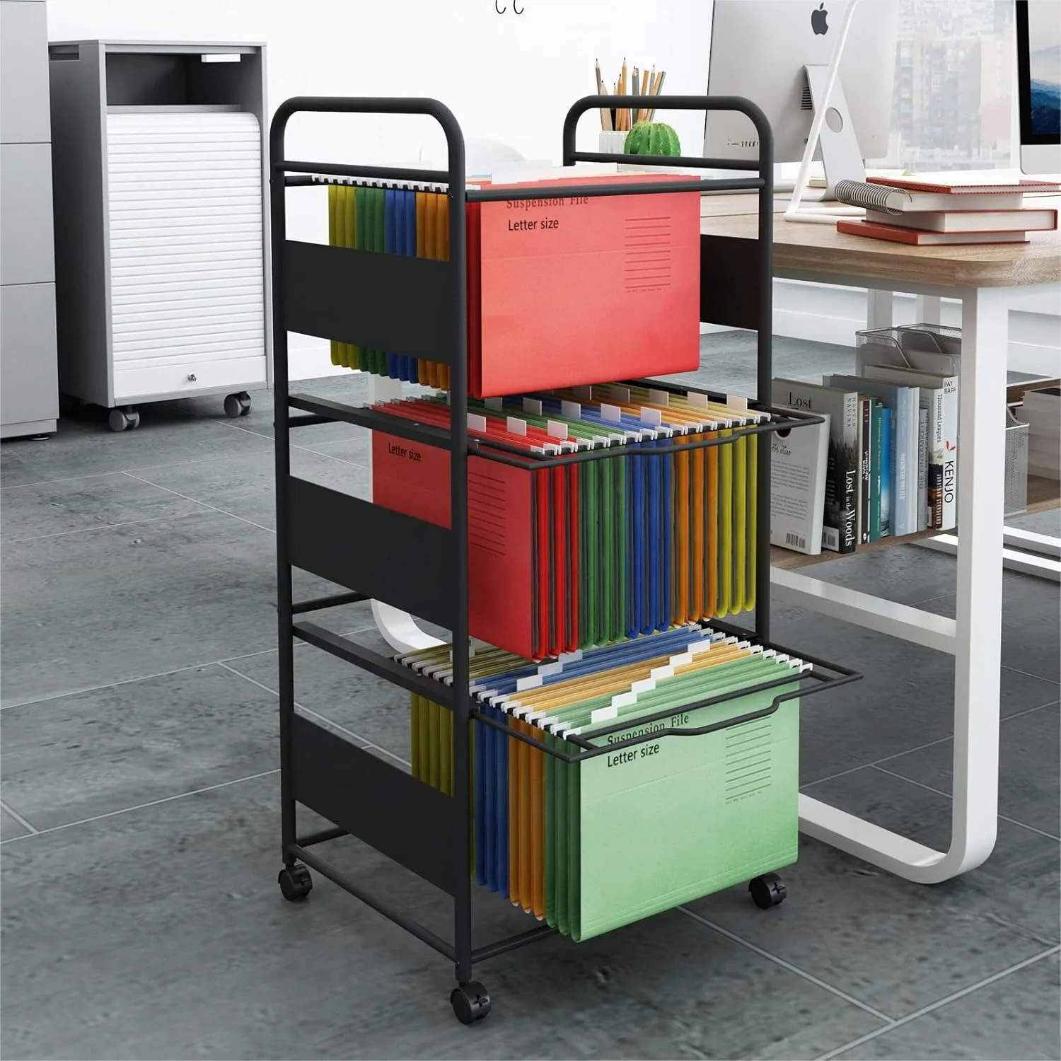 

3 Tier Metal Rolling File Cart with Hanging Files for Letter Size Pull-Out Drawer, Movable File Cabinet for Home Office