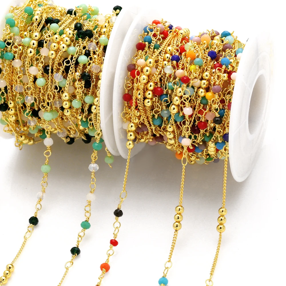 OCESRIO 10M Gold Color Beaded DIY Chain Bracelets Wholesale Gold Plated Brass Colorful Accessories for Jewelry cana085