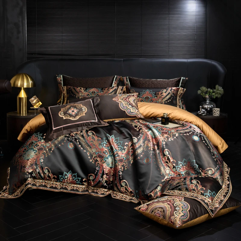 Royal Black Gold Jacquard Weave Chic Embroidery Duvet cover Flat sheet Bedpread Pillowcases Opulent Multi-Pcs Collection Bedding