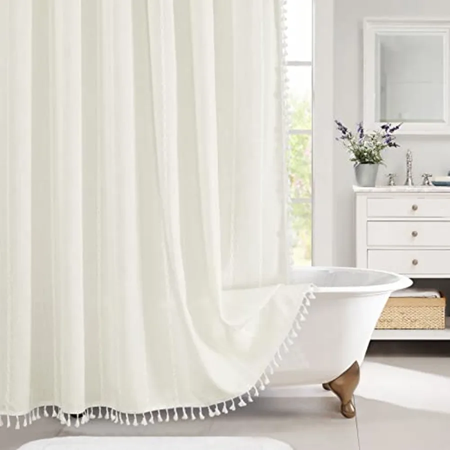 

White Boho Extra Long Shower Curtain 72 x 84, Modern Farmhouse 84 inch XL Rustic Polyester Linen Tassel Heavy Duty Shower Curta