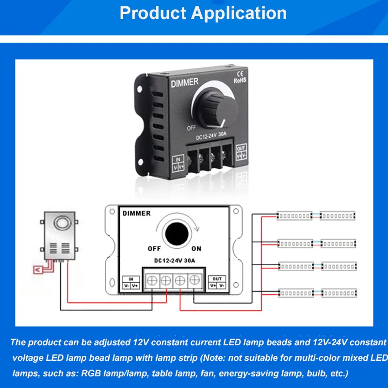 Ajustável LED Dimmer Switch, Dimmers Dimmers, Regulador Máximo de Tensão, Controlador para Lâmpada LED Strip Light, DC 12V, 24V, 30A