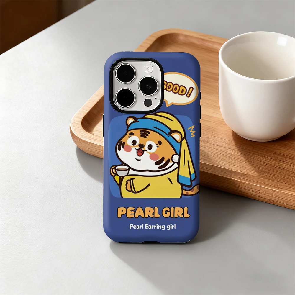 

Cartoon Tiger as Pearl Earring Girl Phone Case for iPhone 17 16 15 14 13 12 11 Pro Max Air Plus Luxury Double-layer Back Cover