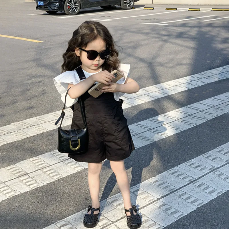 

Kids Girls Clothes Korean Vest 2025 New Overall Dress Fashion Flying Sleeve Sweet Cute Solid Color Simple Cotton Single Breasted
