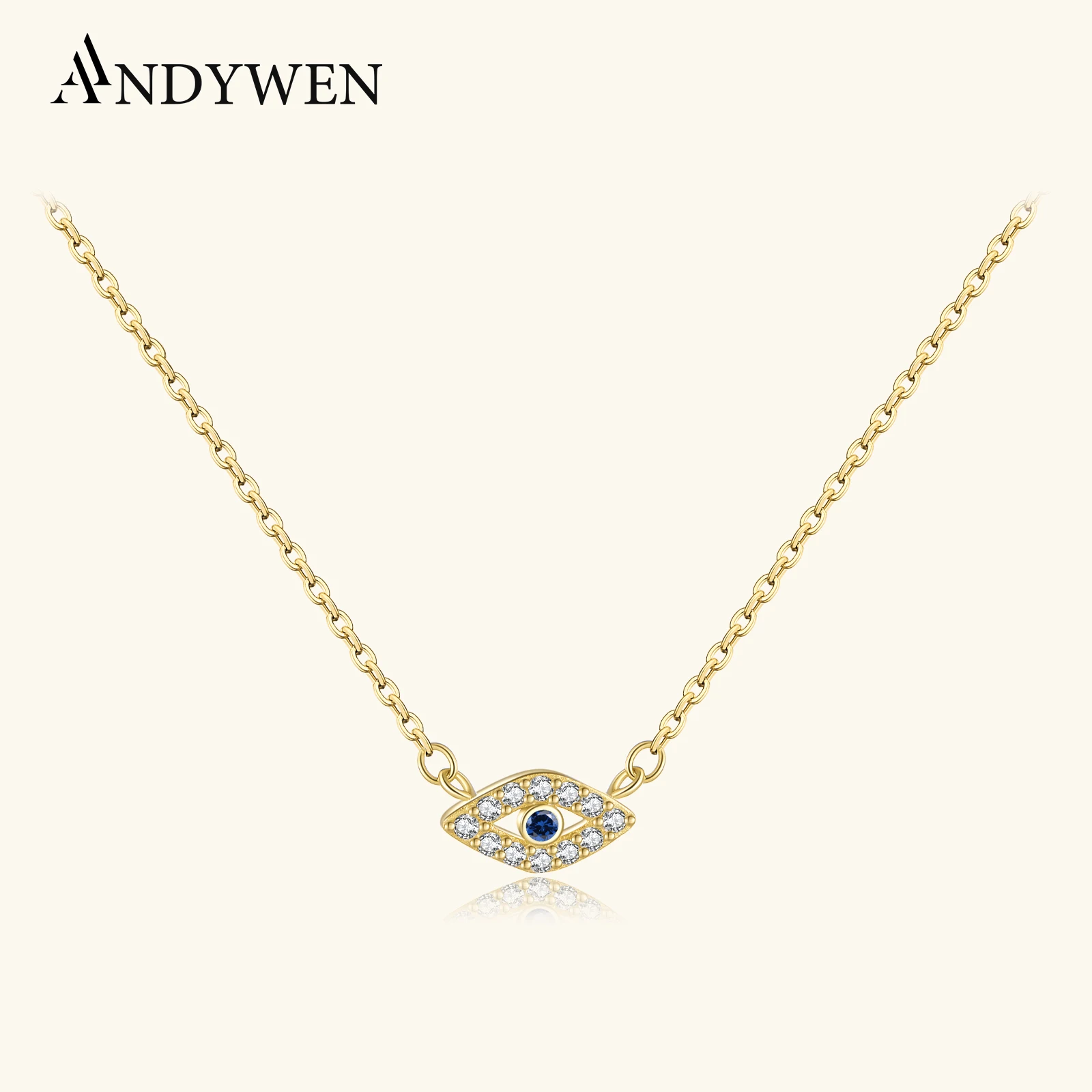 

ANDYWEN Winter 925 Sterling Silver Gold Locky Eye Blue CZ Pendant Necklace Long Chain Luxury Jewelry Crystal Fashion Jewelry