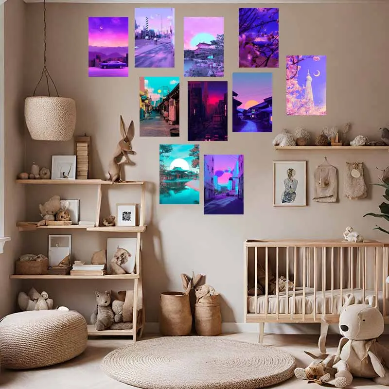 10/30PCS Purple Wall Collage Kit 80s Neon City Night Street Poster Aesthetics Natural Scenery Art Printing Room Decor Mural