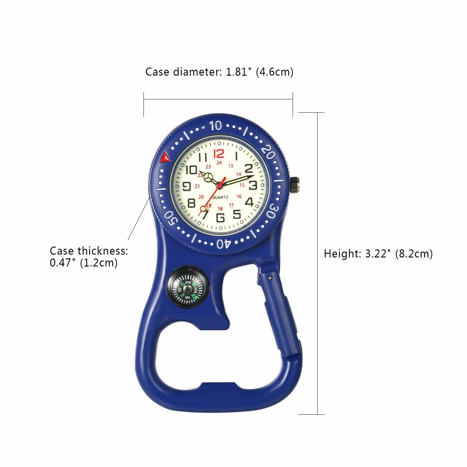 Black/Blue Men Women Compass Corkscrew Carabiner Clip Watch Luminous Outdoors Pocket Watch Backpack Buckle