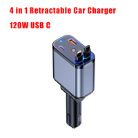 Retractable 4 in 1 Car Charger with Starlight 120W USB C Car Charger Adapter w/ 2 USB Ports Car Phone Charger for iPhone Samsung