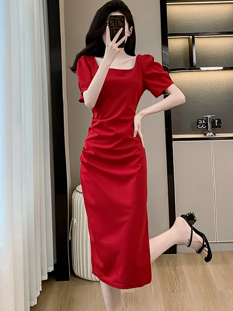 2025 여름 우아한 바디콘 베스티도 한국 빈티지 이브닝 드레스 레드 반팔 스퀘어 넥 럭셔리 웨딩 드레스 여성용