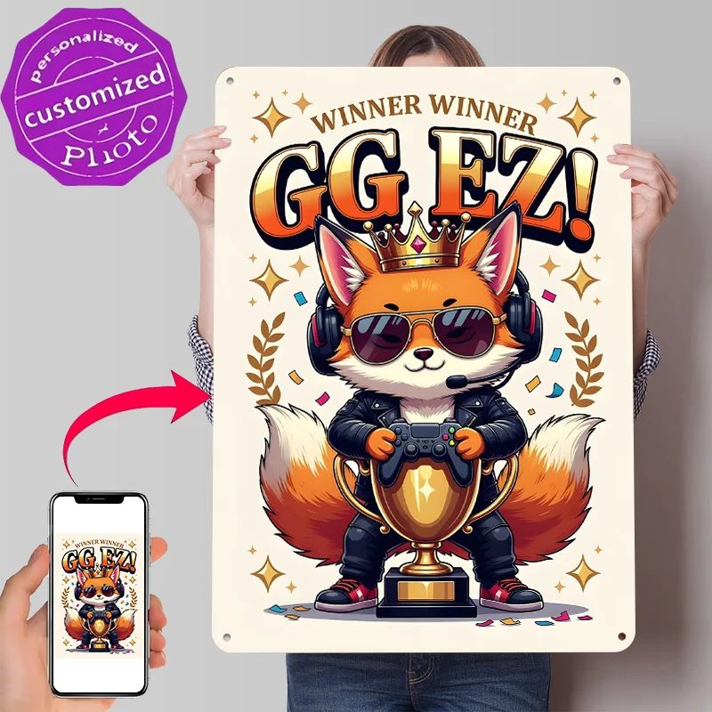 Gaming Fox Winner Trophy Personalized 3D Textured Metal Poster Wall Art Vintage Tin Signs for Modern Home Decoration Luxury Room