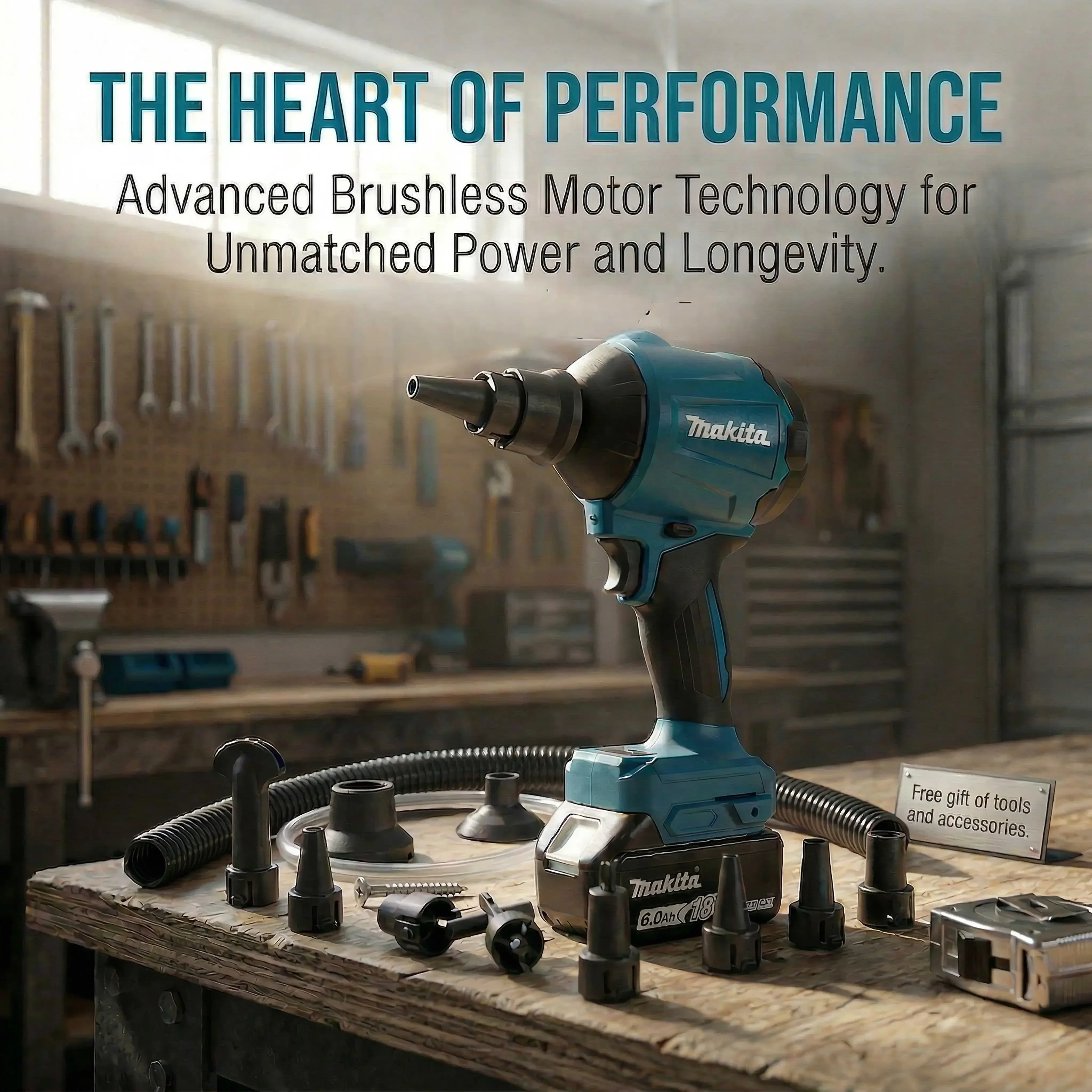 Makita DAS180 Bare 18V Brushless Cordless Air Blower Gun With Nozzle For Cleaning Sawdust From Woodworking Bench After Cutting