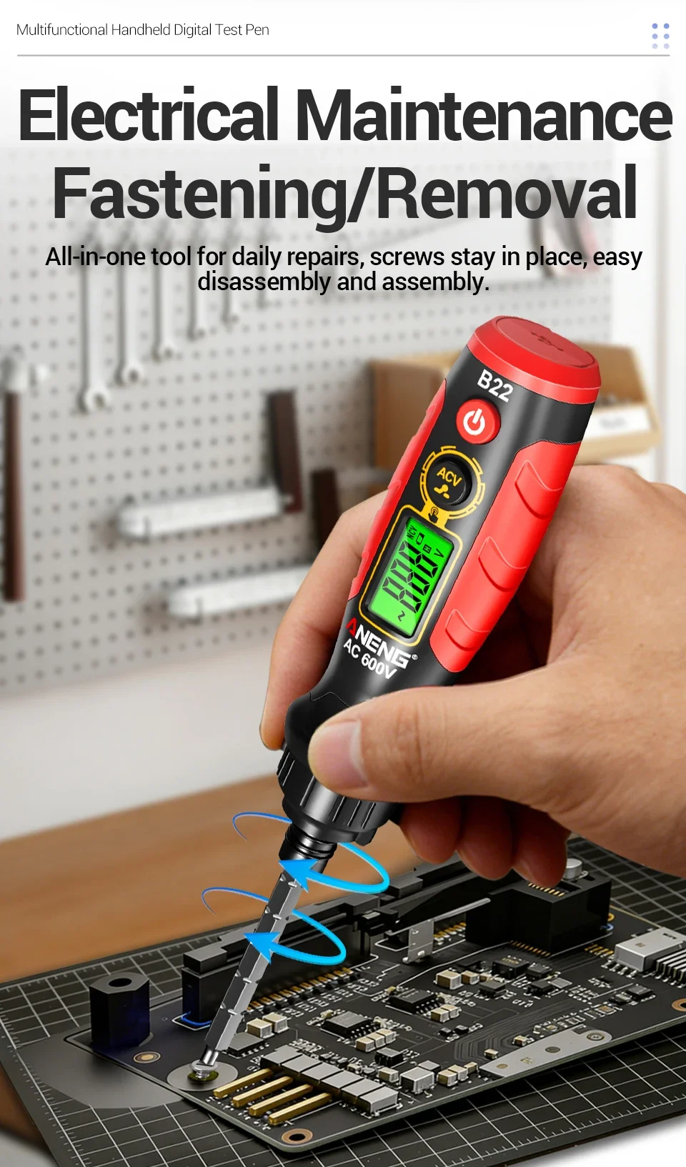 ANENG B22 Berührungsloser Spannungsdetektor-Stift, wiederaufladbarer AC-Spannungstester 30~1000V, intelligenter Unterbrechungspunkt-Finder, elektrische Anzeige – Detail 6