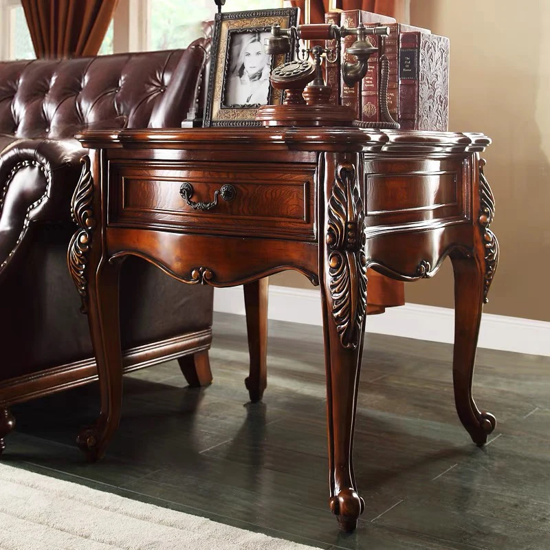 

American solid wood edge corner table simple European retro sofa side table carved luxury coffee table living room small side