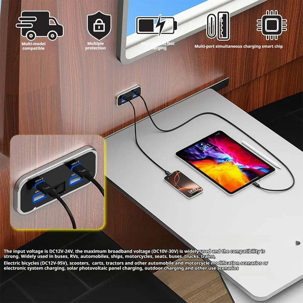 RV شاحن سيارة العربة المزدوج USB Type-C 4 منافذ تهمة المقبس ل RV متنقل التخييم حافلة البحرية 24 فولت شاحن الملحقات