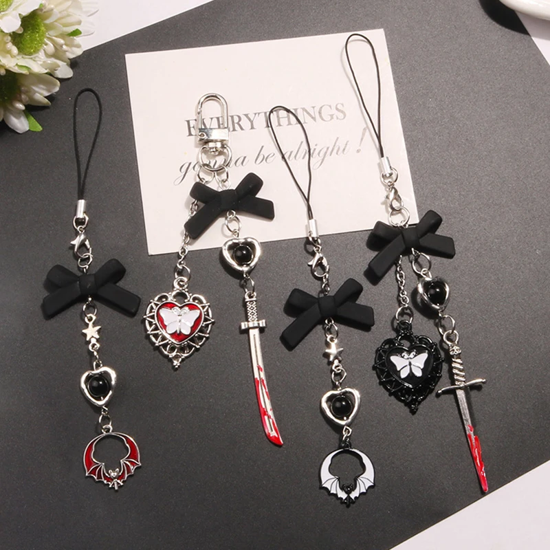 Phone Charm Strap Y2K Keychain Kawaii-Cute Pendant Jewelry Keyring Lanyard String Black Cross-Bow Beaded Chain for Women Girl