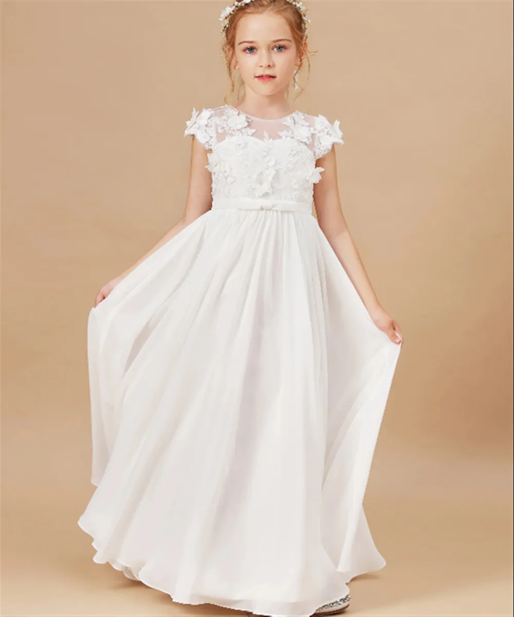 Vestido de novia elegante personalizado con flores para niña, apliques blancos, cinturón con lazo de encaje, vestido de primera comunión hinchado para niña, vestido de fiesta de cumpleaños