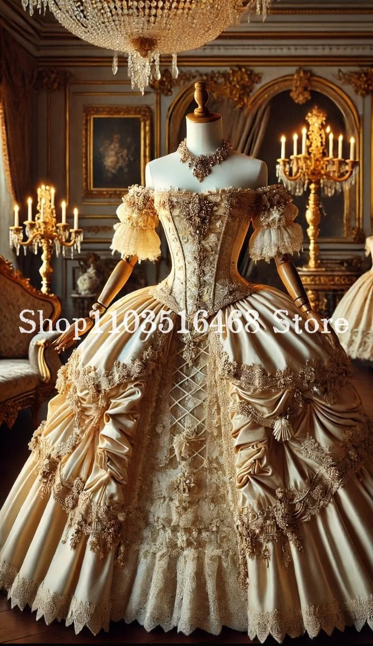 Victorian Princess Evening Dress Champagne Strapless Lace Corset Laced Pleated Appliquéd Puffy Antique Evening Gown Customised