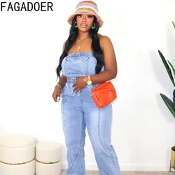 FAGADOER Blue Fashion Off Shoulder Sleevelee Denim Tube Jumpsuits Women Sleeveless Straight Jean Playsuits Casual Cowboy Overall