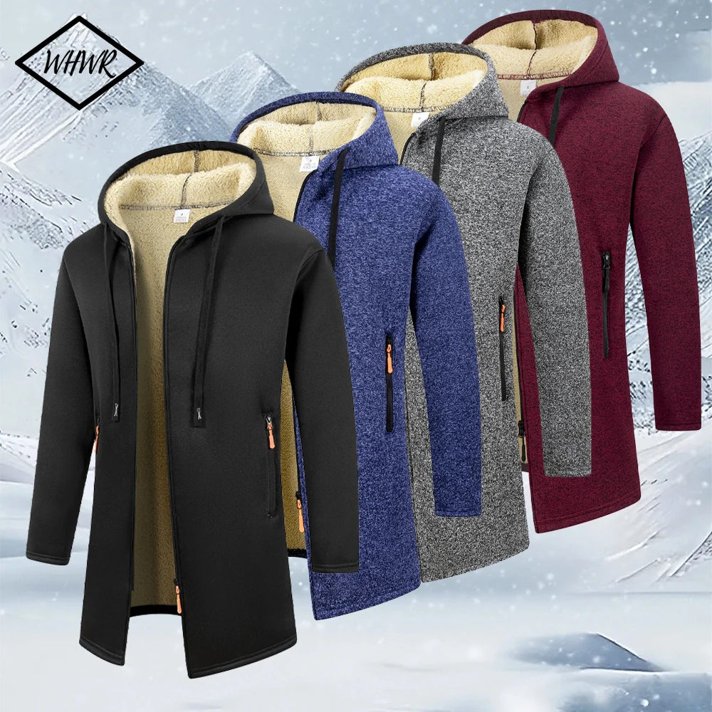

Winter Men's Thickened Mid-length Style Jacket Warm Fleece Windbreaker Long Sleeve Sweatshirts for Men Zipper Hooded Jacket Coat