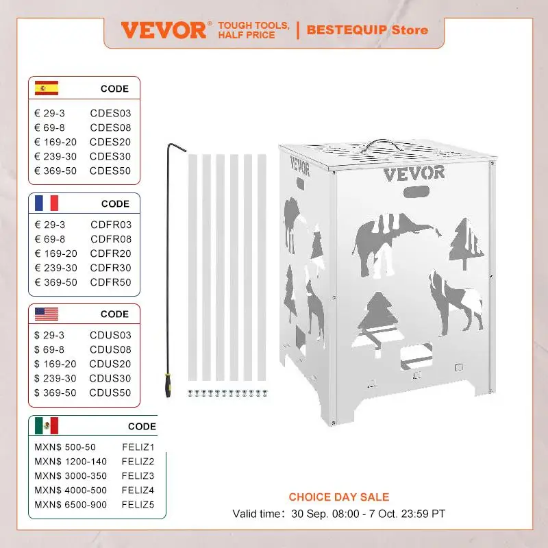 VEVOR Burn Barrel 22x22x42.5/14x14x24/22x22x32/24x24x34 Inch Burn Cage Stainless Steel Cage with Lid and Handle for Outdoors