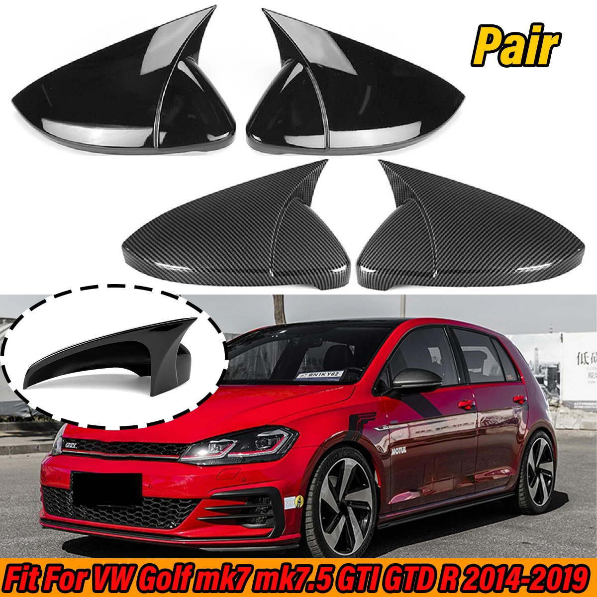 

For VW Volkswagen Golf 7 MK7 MK7.5 GTI GTD R 2014-2019 Rearview Side Wing Mirror Cover Horn Rear View Mirror Cap Cover M Style