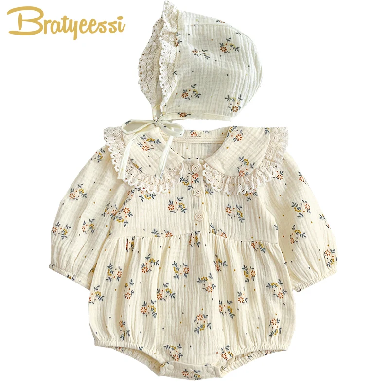 

2Pcs Muslin Baby Jumpsuit Hat Floral Lace Toddler Outfit Set Baby Girl Clothes Infant Romper for Girls Onesie Newborn Clothing