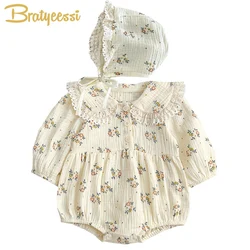 2Pcs Muslin Baby Jumpsuit Hat Floral Lace Toddler Outfit Set Baby Girl Clothes Infant Romper for Girls Onesie Newborn Clothing