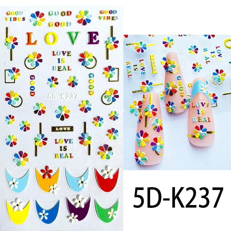 5D Realistic Relief Colorful Real Love Florets Cute Dog Big Eye Coal Ball Adhesive Nail Art Stickers Decals Manicure Charms