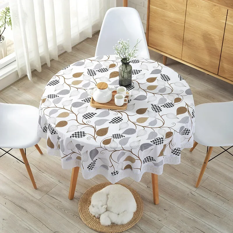 PVC Hotel Waterproof Tablecloth Printed Oil Resistant Large Circular Table Cloth Hotel Plastic Round Table Cover with Lace Hem