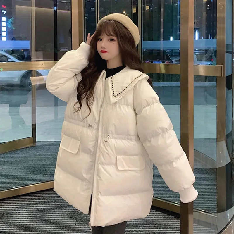 Korea Fashion Doll Collar Cotton Coat Tops Winter Elegant Parkas Casaco Adjust Wasit Chaqueta  Casual New Women Jackets Abrigos