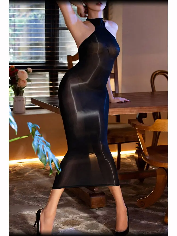 

Sleeveless Halter Backless Midi Dress 8D Glossy Shiny Nylon Vestido Bodystocking Tights Hot Sexy Transparent Package Hip Dresses