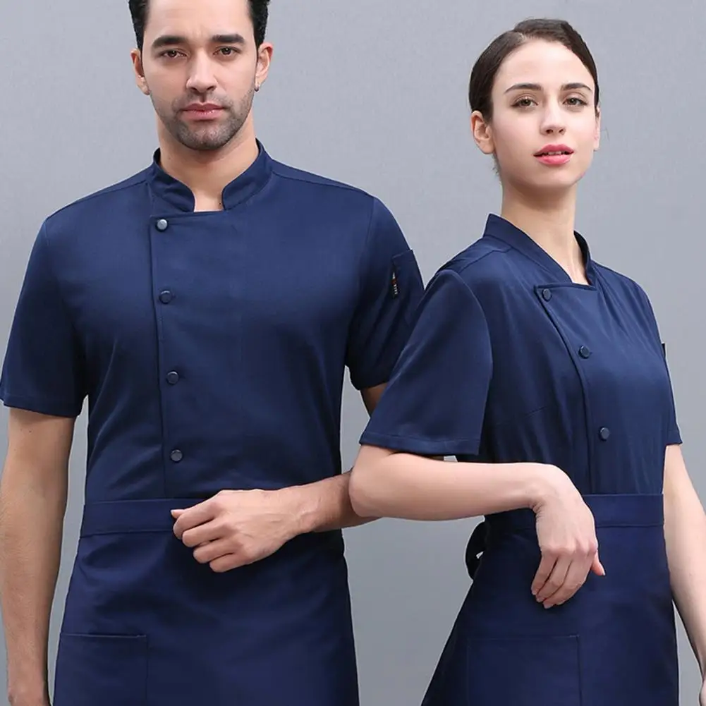 Chef Uniform Stain-resistant Unisex Chef Shirt with Stand Collar for Kitchen Bakery Restaurant Short Sleeve Cook for Waiters